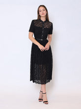 Load image into Gallery viewer, Lace Floral Button Front Mock Neck Belted Dress
