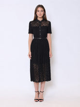 Load image into Gallery viewer, Lace Floral Button Front Mock Neck Belted Dress
