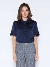 Load image into Gallery viewer, Lace Hem Short Sleeve Satin Round Neck Shirt
