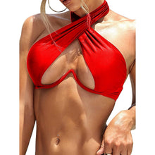 Load image into Gallery viewer, Ladies Summer Solid Color  Swimsuit Female Detachable Shoulder Strap Halter Bikini Women's Bikini Swimsuits One Piece Bathing Suits Tie Knot Cutout Swimwear with Crisscross Design
