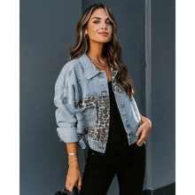 Load image into Gallery viewer, Lavish Style Winter Long-sleeved Jacket Denim Trendy Leopard Print Stitching Lapel Short Jacket For Women And Girls
