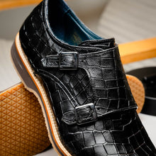 Load image into Gallery viewer, 55-112-BLK LEGERRA Hand Burnished Crocodile Print Monkstrap Black
