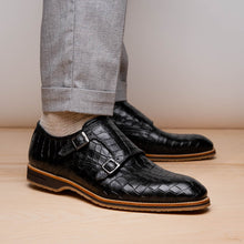 Load image into Gallery viewer, 55-112-BLK LEGERRA Hand Burnished Crocodile Print Monkstrap Black
