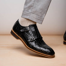 Load image into Gallery viewer, 55-112-BLK LEGERRA Hand Burnished Crocodile Print Monkstrap Black
