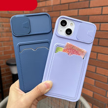 Load image into Gallery viewer, Lightweight Slide Camera Protection Card Holder Wallet Phone Case For iPhone 13 14 Pro Max 12 11 Soft Silicone Cover Soft Skin Silicone Cover Yellow Card Holder Sliding Camera Protection Cover For iPhone
