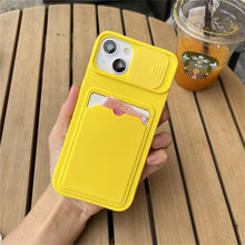 Load image into Gallery viewer, Lightweight Slide Camera Protection Card Holder Wallet Phone Case For iPhone 13 14 Pro Max 12 11 Soft Silicone Cover Soft Skin Silicone Cover Yellow Card Holder Sliding Camera Protection Cover For iPhone
