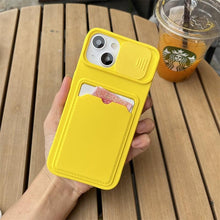 Load image into Gallery viewer, Lightweight Slide Camera Protection Card Holder Wallet Phone Case For iPhone 13 14 Pro Max 12 11 Soft Silicone Cover Soft Skin Silicone Cover Yellow Card Holder Sliding Camera Protection Cover For iPhone
