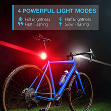 Load image into Gallery viewer, Lightweight USB Rechargeable Bike Light Set Super Bright Front Headlight And Rear LED Bicycle Light 4 Light Mode Options USB Rechargeable Bike Light Set LED Bicycle Front Headlight And Rear Taillight Lithium Battery 650mAh
