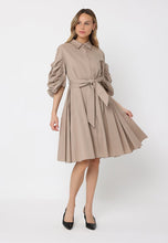 Load image into Gallery viewer, Long Button Down Belted Dress W/Ruched Puff Sleeve
