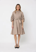 Load image into Gallery viewer, Long Button Down Belted Dress W/Ruched Puff Sleeve
