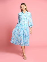 Load image into Gallery viewer, Long Sleeve Belted Smocked Cuffs Print Dress
