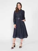 Load image into Gallery viewer, Long sleeve contrast stitch denim midi dress
