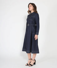 Load image into Gallery viewer, Long sleeve contrast stitch denim midi dress
