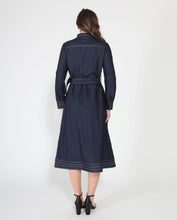 Load image into Gallery viewer, Long sleeve contrast stitch denim midi dress
