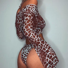 Load image into Gallery viewer, Long Sleeve Mesh Bikini Swimwear Women Three Pieces Leopard Swimsuit Female Summer  Bathing Suit Brazilian 3 Pieces Set Knot Front Off Shoulder Cover Up with Halter Bikini Sets Bathing Suit
