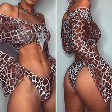 Load image into Gallery viewer, Long Sleeve Mesh Bikini Swimwear Women Three Pieces Leopard Swimsuit Female Summer  Bathing Suit Brazilian 3 Pieces Set Knot Front Off Shoulder Cover Up with Halter Bikini Sets Bathing Suit

