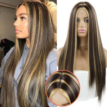Load image into Gallery viewer, Long Straight Synthetic Black Wig Mixed Brown and Blonde Long Wig For Black Women Middle Part Nature Wigs For Black Women Cosplay Wigs For Women
