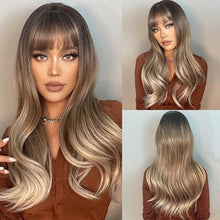 Load image into Gallery viewer, Long Womens Wigs with Bangs Ombre Brown Platinum Blonde Wigs Side Part Synthetic Wavy Wigs Women Cosplay Party Wigs For Black Women Cosplay Wigs For Women
