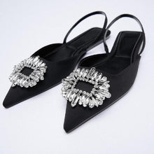 Load image into Gallery viewer, Luxury Black Straps Black Shoes For Women Shallow Summer Heels Beige Elastic Band Low Pointed Closed Flat Rhinestone Slip-on Shoes Flats Outdoor Walking Slippers
