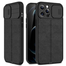 Load image into Gallery viewer, Luxury Leather Black Shockproof Phone Case on For iPhone 13 12 11 14 Pro Max XR X XSMax 14 Case Camera Lens Protection Soft Back Cover Thin Shockproof Case with Slide Camera Case for iPhone
