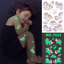 Load image into Gallery viewer, Luxury Luminous Tattoo Stickers Unicorn Stars Temporary Waterproof Luminous Fake Tattoos Stickers Dinosaur Butterfly For Children
