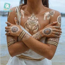 Load image into Gallery viewer, Luxury Metallic Temporary Tattoo Gold Silver Flower Sticker Long Lasting Gold Design For Womens

