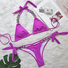 Load image into Gallery viewer, Luxury Purple Halter Crystal Diamond Bikini Female Swimsuit Women Swimwear Rhinestone Bikini Set Bathing Suit Women's Swimwear Rhinestone Halter Low Waist Tie Side Bikini Set 2 Pieces Crystal Diamond Swimsuit
