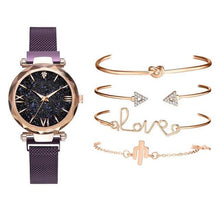 Load image into Gallery viewer, Luxury Rose Gold Starry Sky Dial Watches Women Crystal Bracelet Quartz Wrist Watch 5 PCS Set Women Ladies Watches Starry Sky Magnet Buckle Dial Diamond Cutting Mesh Straps Bracelet Wristwatch
