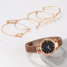 Load image into Gallery viewer, Luxury Rose Gold Starry Sky Dial Watches Women Crystal Bracelet Quartz Wrist Watch 5 PCS Set Women Ladies Watches Starry Sky Magnet Buckle Dial Diamond Cutting Mesh Straps Bracelet Wristwatch
