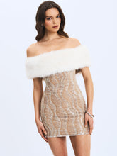 Load image into Gallery viewer, Averie White Fur Off-Shoulder Beige Sequin Mini Dress
