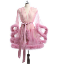 Load image into Gallery viewer, Luxurious Sheer Bridal Robe with Feathered Hem and Satin Tie
