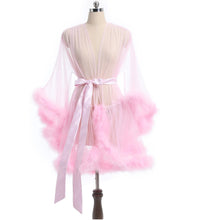 Load image into Gallery viewer, Luxurious Sheer Bridal Robe with Feathered Hem and Satin Tie
