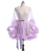 Load image into Gallery viewer, Luxurious Sheer Bridal Robe with Feathered Hem and Satin Tie
