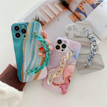 Load image into Gallery viewer, Marble Wriststrap Bracelet Chain Phone Case For iPhone 14 13 Pro Max 12 11 XS XR X 7 8 Plus SE 2020 Silicone Back Cover Colorful Silicone Fashion Pattern Ultra Thin Slim Bumper Shockproof Protective Case with Chain Wrist Strap Marble Iphone Case

