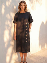 Load image into Gallery viewer, 100% Linen Round Neck Button Detail Midi Dress JELENA
