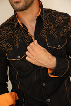 Load image into Gallery viewer, Mens Vintage Washed 2-tone Embroidery Modern Fit Stretch Shirt
