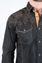 Load image into Gallery viewer, Mens Vintage Washed 2-tone Embroidery Modern Fit Stretch Shirt
