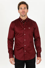 Load image into Gallery viewer, Men’s Single Pocket Logo Modern Fit Stretch Dress Shirt - Burgundy
