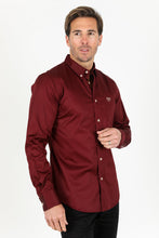Load image into Gallery viewer, Men’s Single Pocket Logo Modern Fit Stretch Dress Shirt - Burgundy
