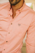 Load image into Gallery viewer, Men’s Single Pocket Logo Modern Fit Stretch Dress Shirt - Pink
