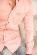 Load image into Gallery viewer, Men’s Single Pocket Logo Modern Fit Stretch Dress Shirt - Pink
