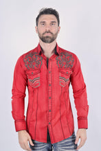Load image into Gallery viewer, Mens Vintage Washed 2-tone Embroidery Modern Fit Stretch Shirt

