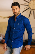 Load image into Gallery viewer, Men’s Single Pocket Logo Modern Fit Stretch Dress Shirt - Royal Blue
