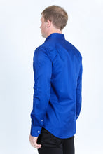 Load image into Gallery viewer, Men’s Single Pocket Logo Modern Fit Stretch Dress Shirt - Royal Blue

