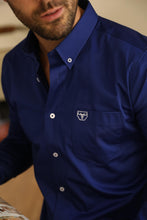Load image into Gallery viewer, Men’s Single Pocket Logo Modern Fit Stretch Dress Shirt - Royal Blue
