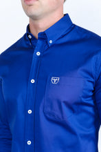 Load image into Gallery viewer, Men’s Single Pocket Logo Modern Fit Stretch Dress Shirt - Royal Blue
