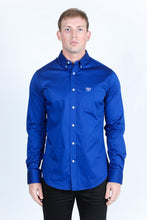 Load image into Gallery viewer, Men’s Single Pocket Logo Modern Fit Stretch Dress Shirt - Royal Blue
