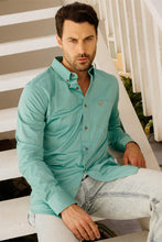 Load image into Gallery viewer, Men’s Single Pocket Logo Modern Fit Stretch Dress Shirt - Turquoise
