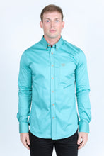 Load image into Gallery viewer, Men’s Single Pocket Logo Modern Fit Stretch Dress Shirt - Turquoise
