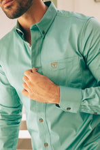 Load image into Gallery viewer, Men’s Single Pocket Logo Modern Fit Stretch Dress Shirt - Turquoise
